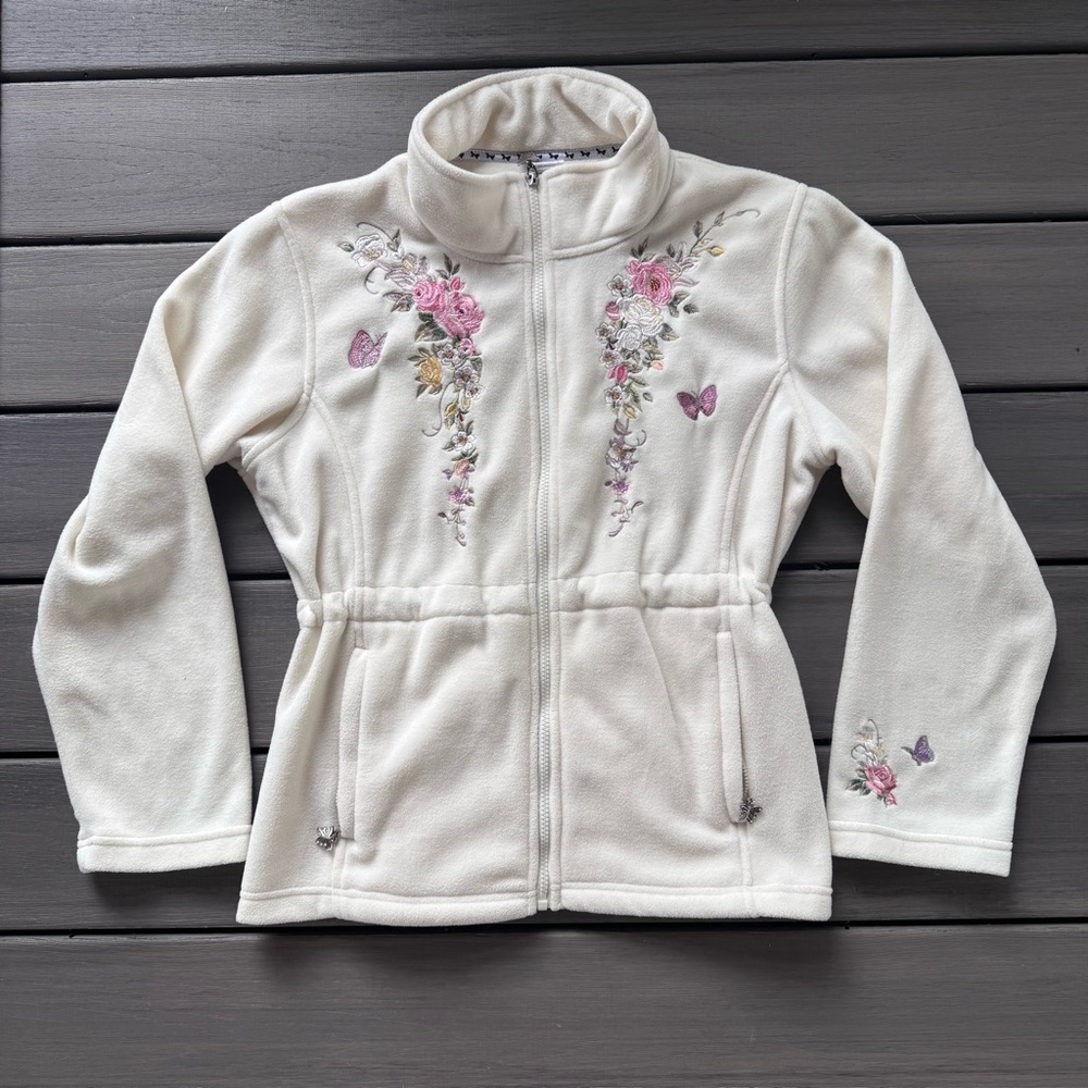 The Bradford Exchange Butterfly Floral Zip Up Fleece‎ Jacket Size Medium Cream